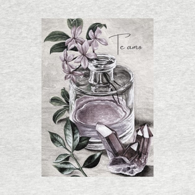 Spanish vintage print perfume & rose quartz - te amo by LukjanovArt